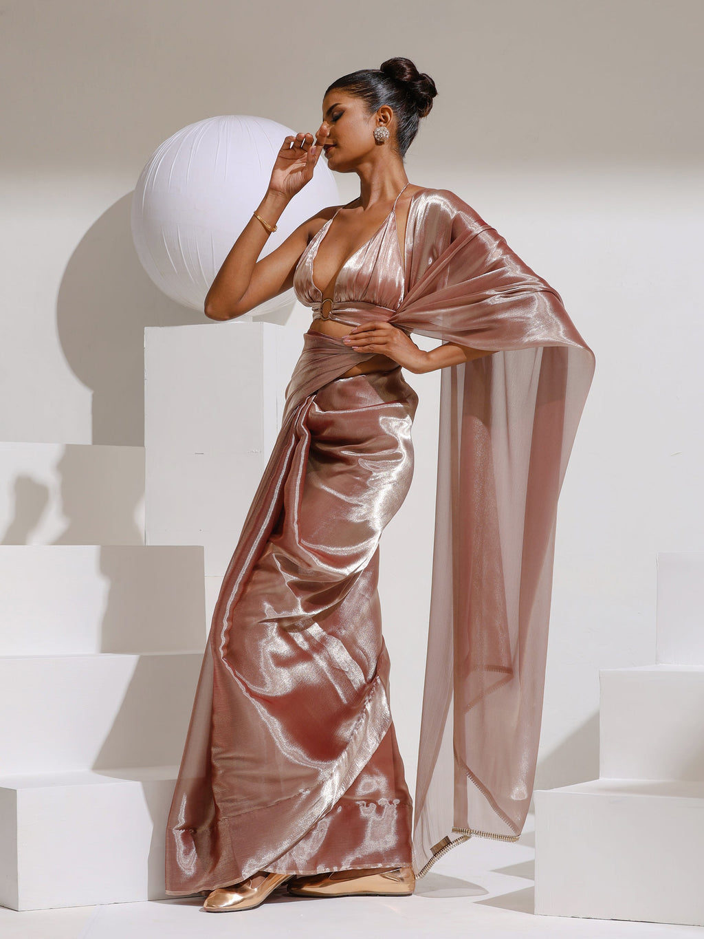 Peach Silver Pearl Silky Organza Saree with Diamond Lace and Self Blouse Fabric