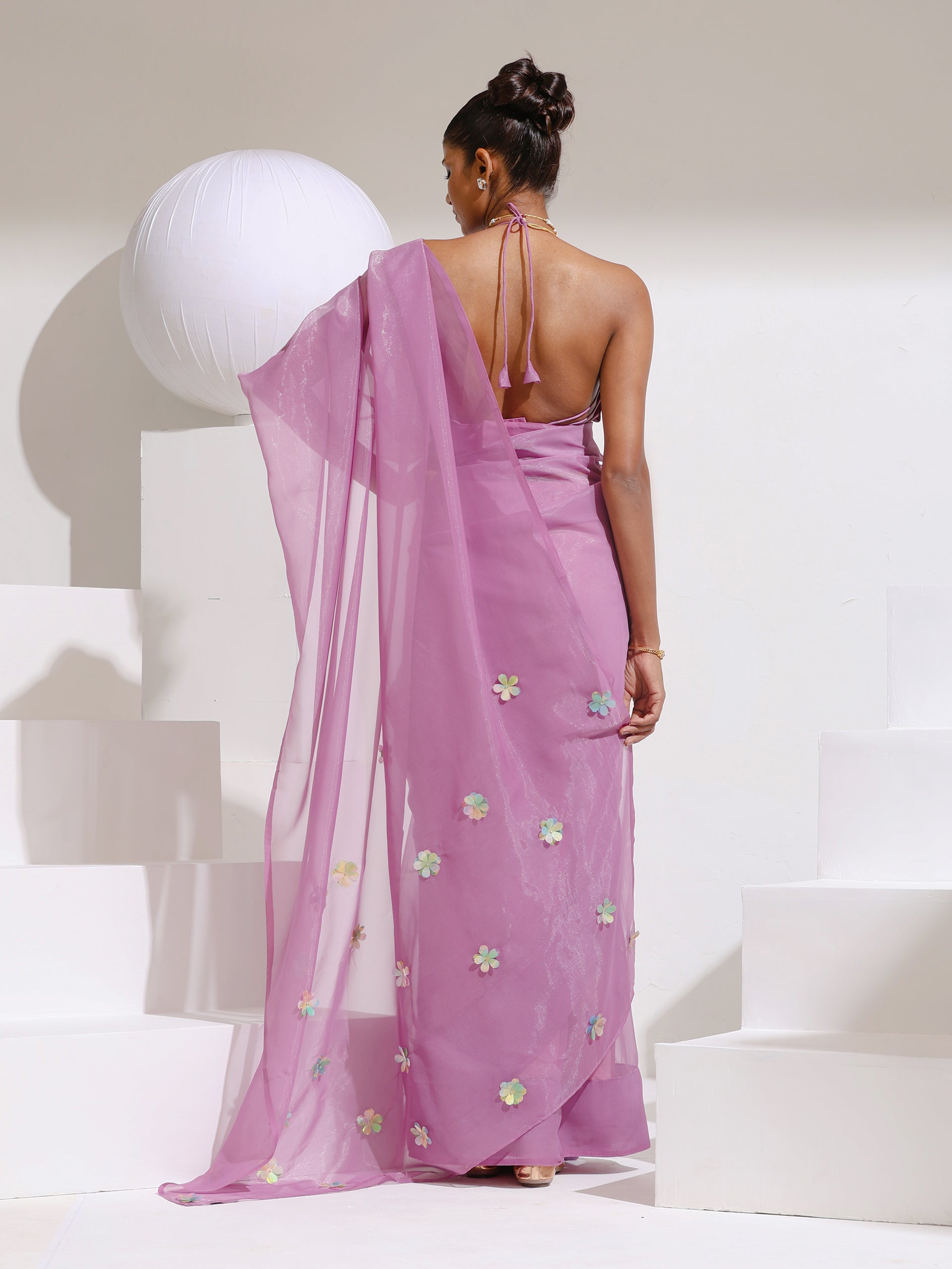 Orchid Lilac Soft Organza Floral Saree with Blouse Fabric