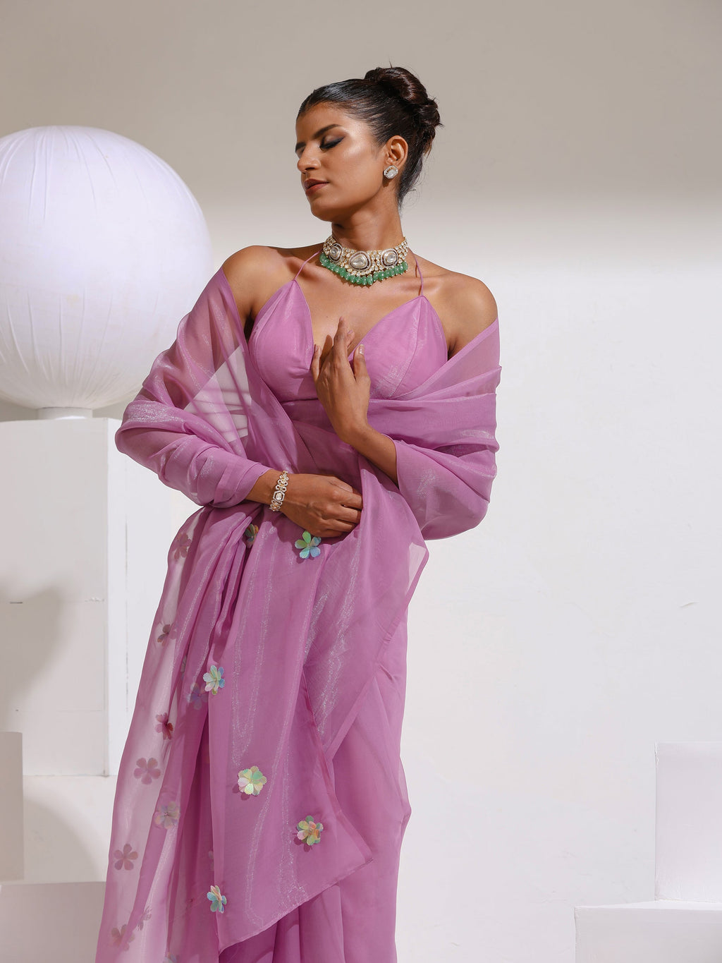 Orchid Lilac Soft Organza Floral Saree with Blouse Fabric