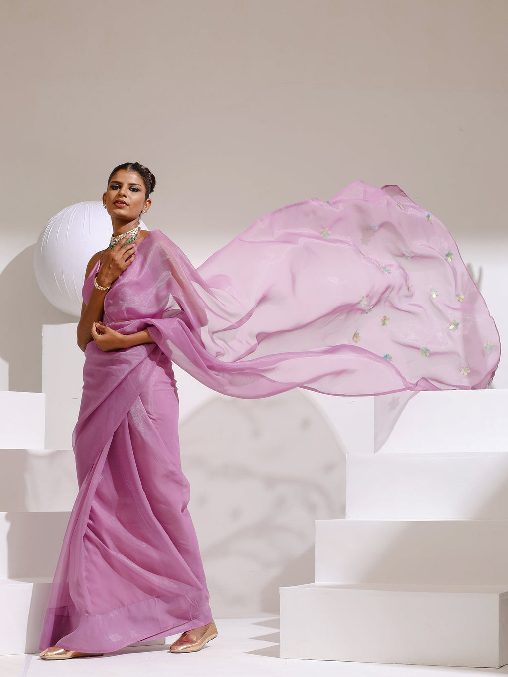 Orchid Lilac Soft Organza Floral Saree with Blouse Fabric
