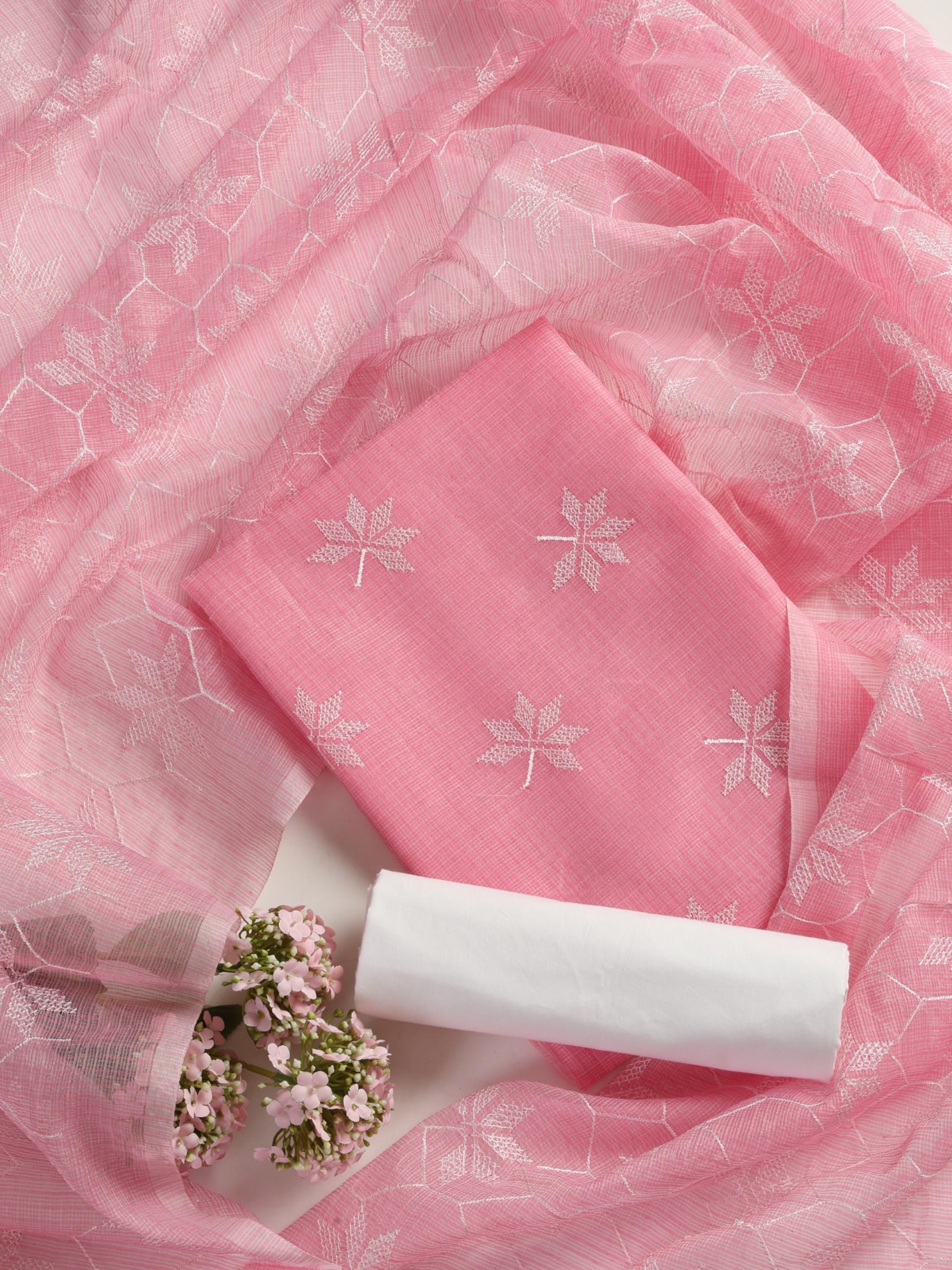 3 pc Unstitched SET - Pink Kota Doria Cross Stitch Embroidered Kurta with Heavy Dupatta and Cotton Pyjama