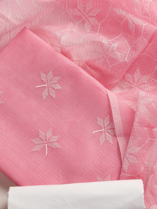 3 pc Unstitched SET - Pink Kota Doria Cross Stitch Embroidered Kurta with Heavy Dupatta and Cotton Pyjama