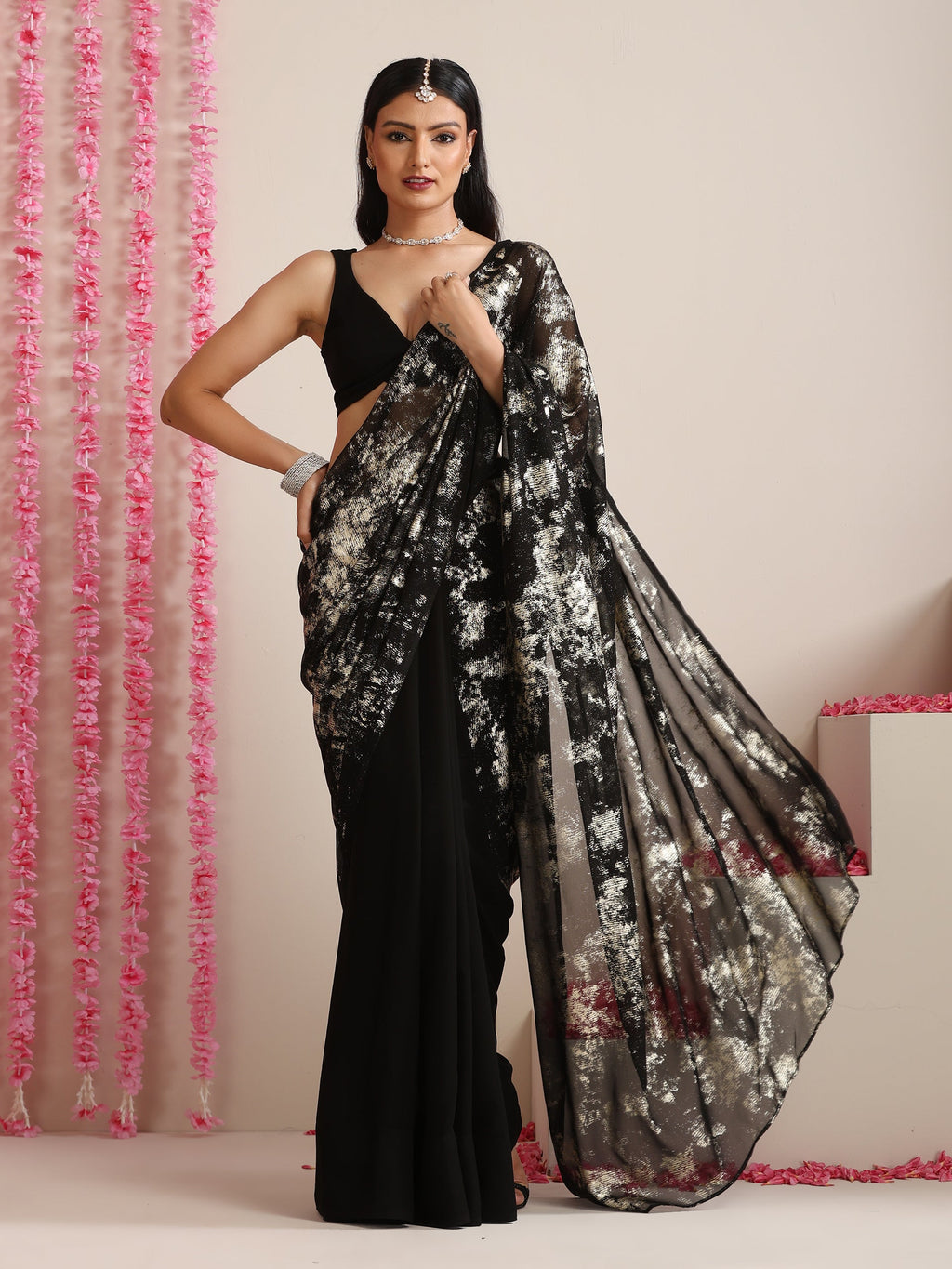 Black Georgette Saree with Gold Print & Blouse Fabric