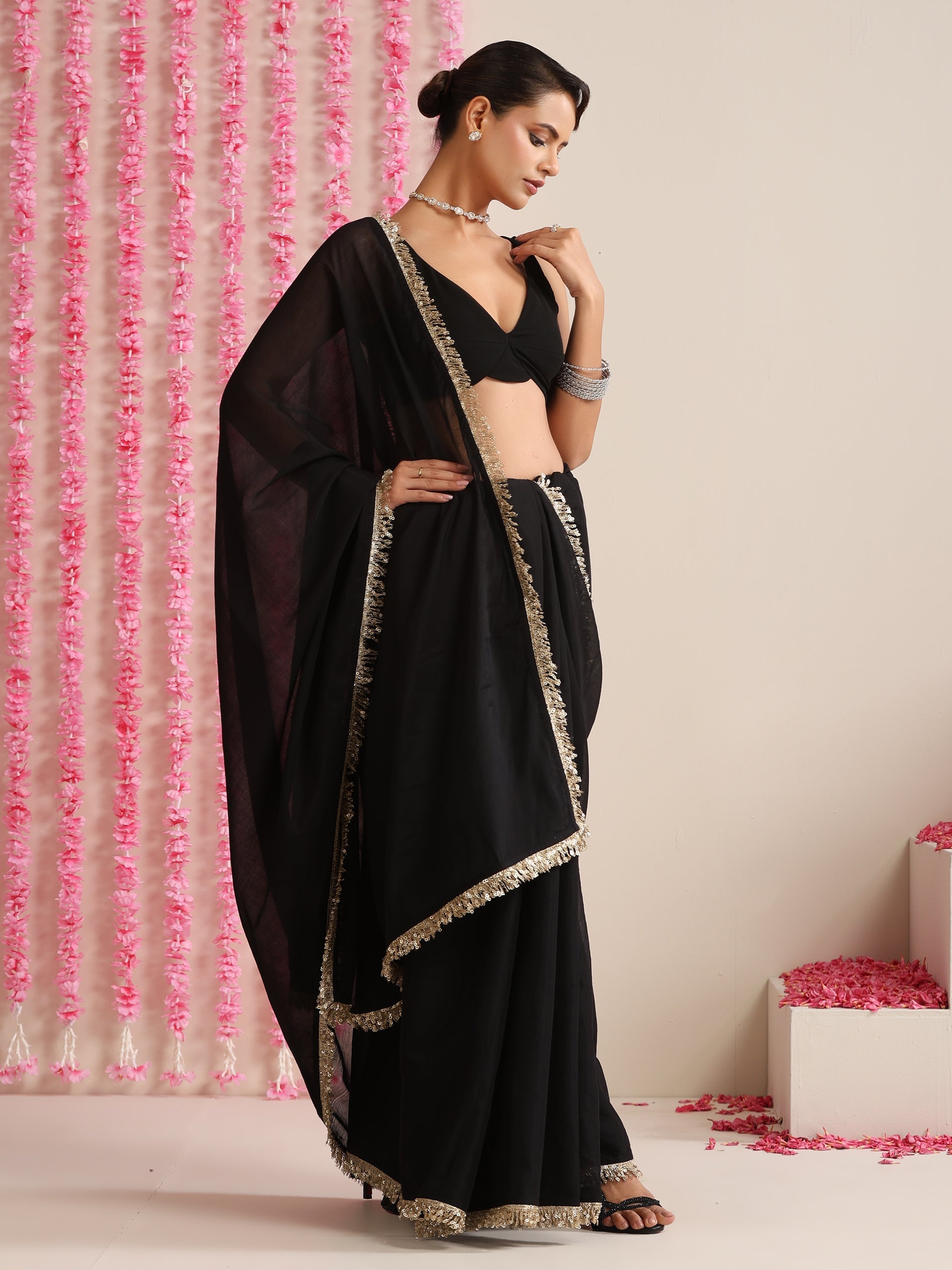 Black Cotton Chanderi Saree with Gold Border and Self Blouse Fabric