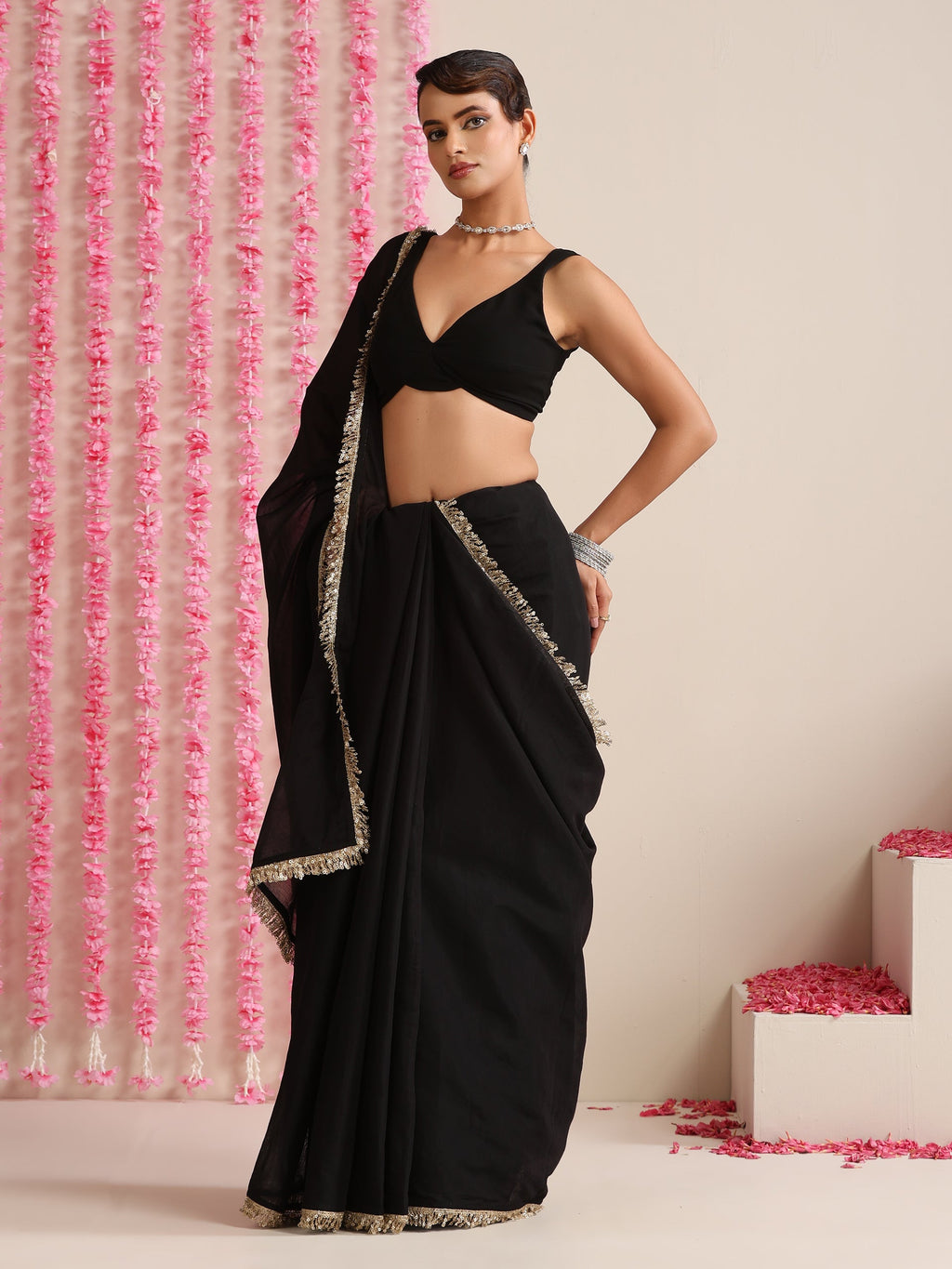 Black Cotton Chanderi Saree with Gold Border and Self Blouse Fabric