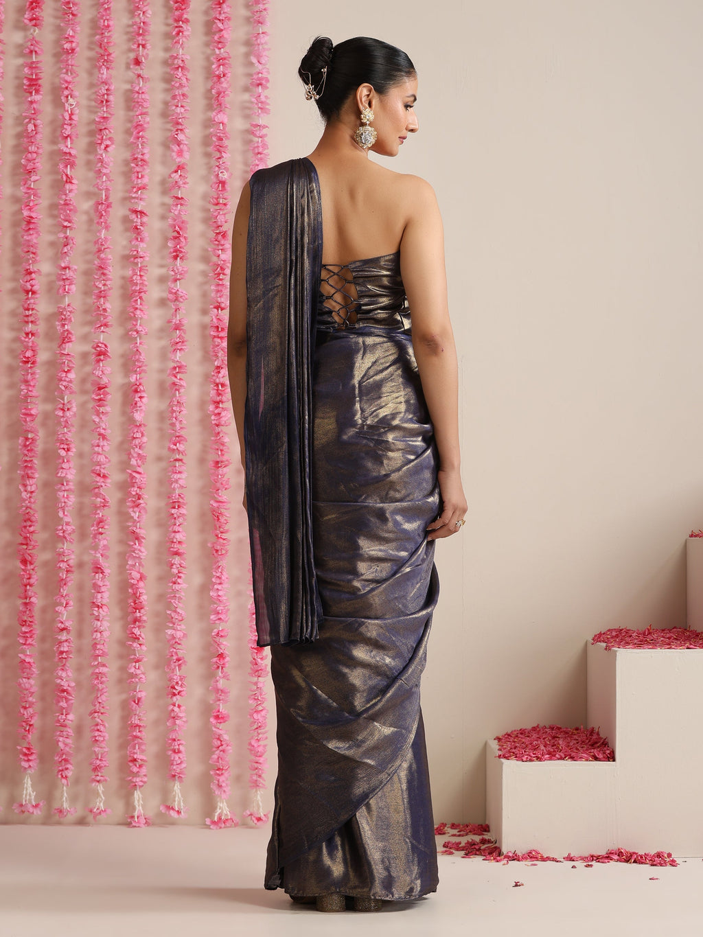 Blue-Gold Skirt Style Pre-Draped Saree with Blouse Fabric