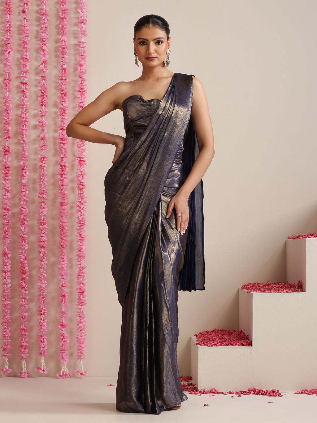 Blue-Gold Skirt Style Pre-Draped Saree with Blouse Fabric