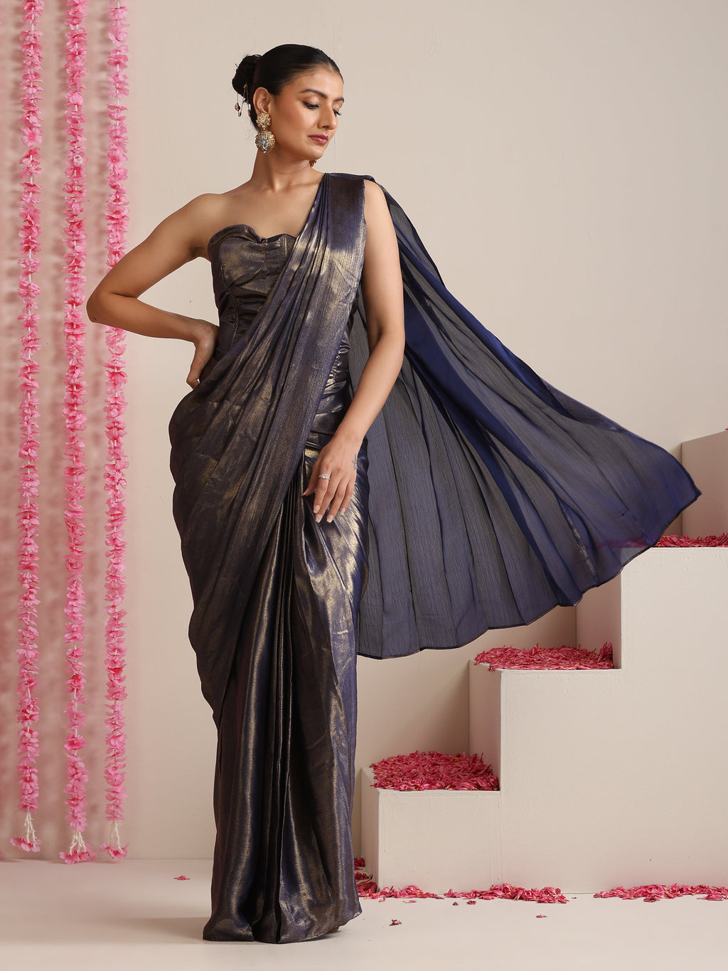 Blue-Gold Skirt Style Pre-Draped Saree with Blouse Fabric