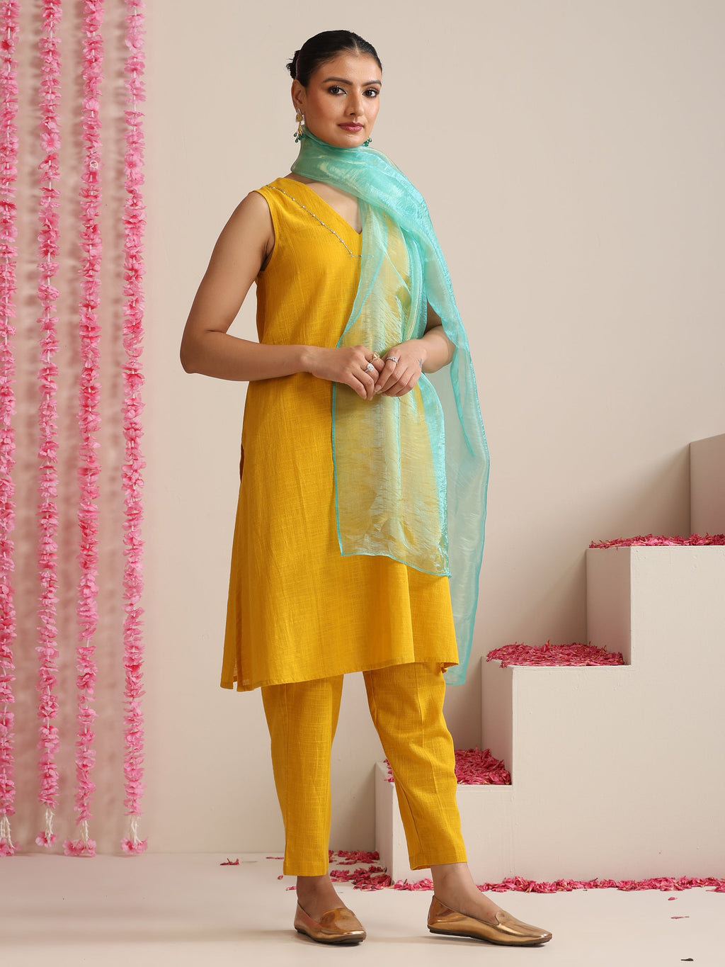 Women’s Yellow Cotton Slub Sleeveless Kurta with Embroidery, Pyjama & Metallic Blue Dupatta | 3 Pc Summer Festive Set