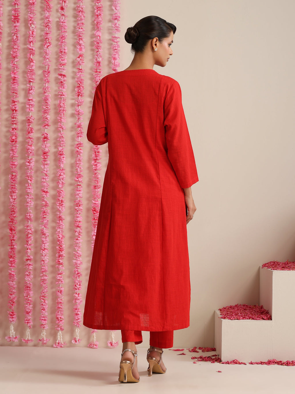 Women’s Red Cotton Slub Kurta, Pyjama & Metallic Yellow Dupatta | 3 Pc Ethnic Festive Set