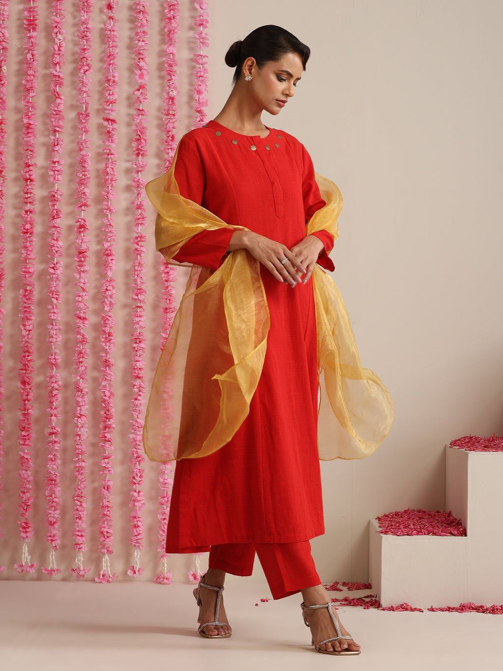 Women’s Red Cotton Slub Kurta, Pyjama & Metallic Yellow Dupatta | 3 Pc Ethnic Festive Set