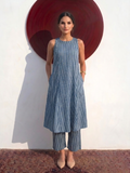 2 pc SET - Blue and White Stripe Printed Cotton Cambric Sleeveless Kurta and Pant