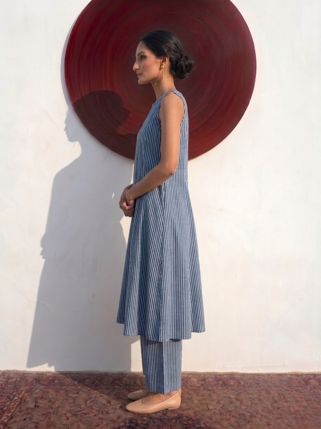2 pc SET - Blue and White Stripe Printed Cotton Cambric Sleeveless Kurta and Pant