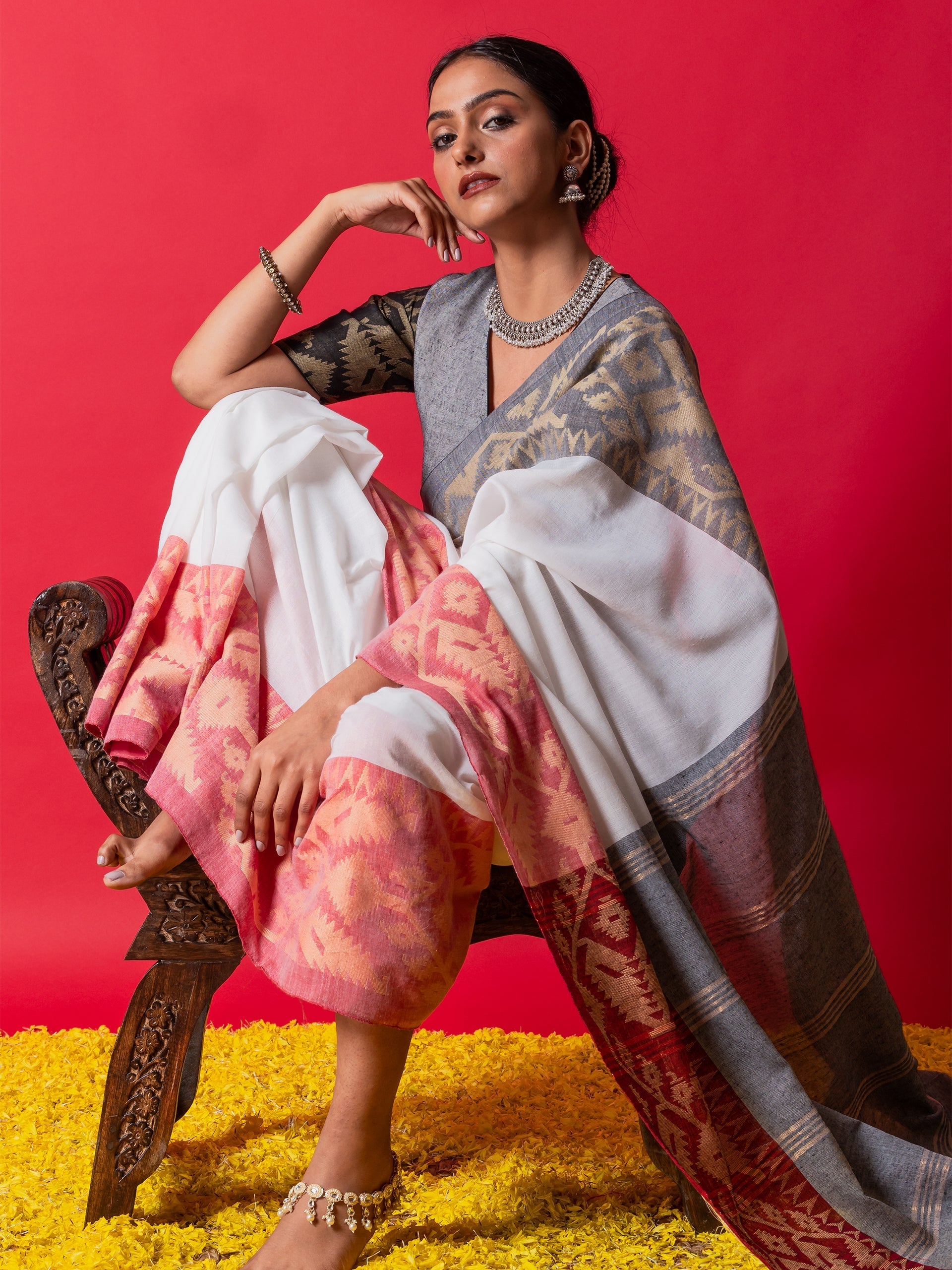 White Ghoomar Ganga Yamuna Cotton Saree with Blouse Fabric
