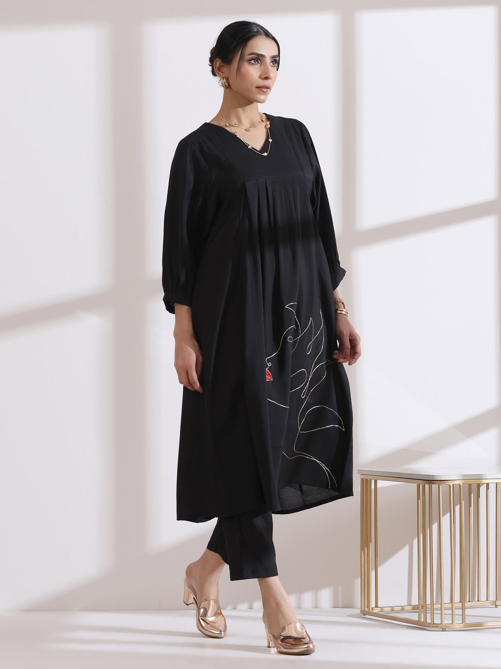Women's Black Kurta with Girl Embroidery and Pants 2 Piece Set | A-Line, V Neck, 3/4 Sleeves, Work Wear, (AirSkin Cotton Silk Blend)