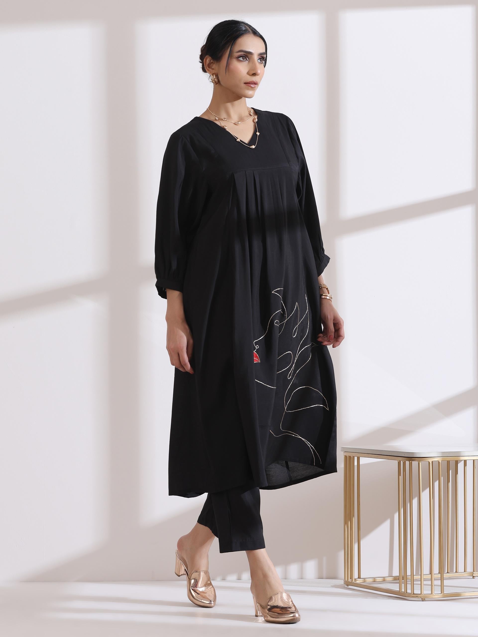 Women's Black Kurta with Girl Embroidery and Pants 2 Piece Set | A-Line, V Neck, 3/4 Sleeves, Work Wear, (AirSkin Cotton Silk Blend)
