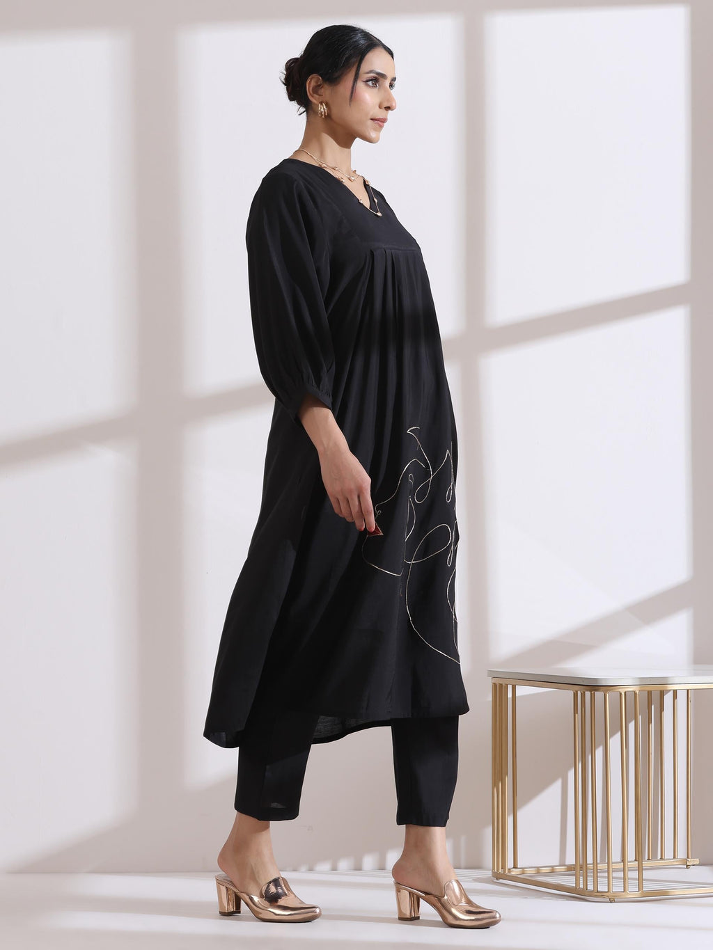 Women's Black Kurta with Girl Embroidery and Pants 2 Piece Set | A-Line, V Neck, 3/4 Sleeves, Work Wear, (AirSkin Cotton Silk Blend)
