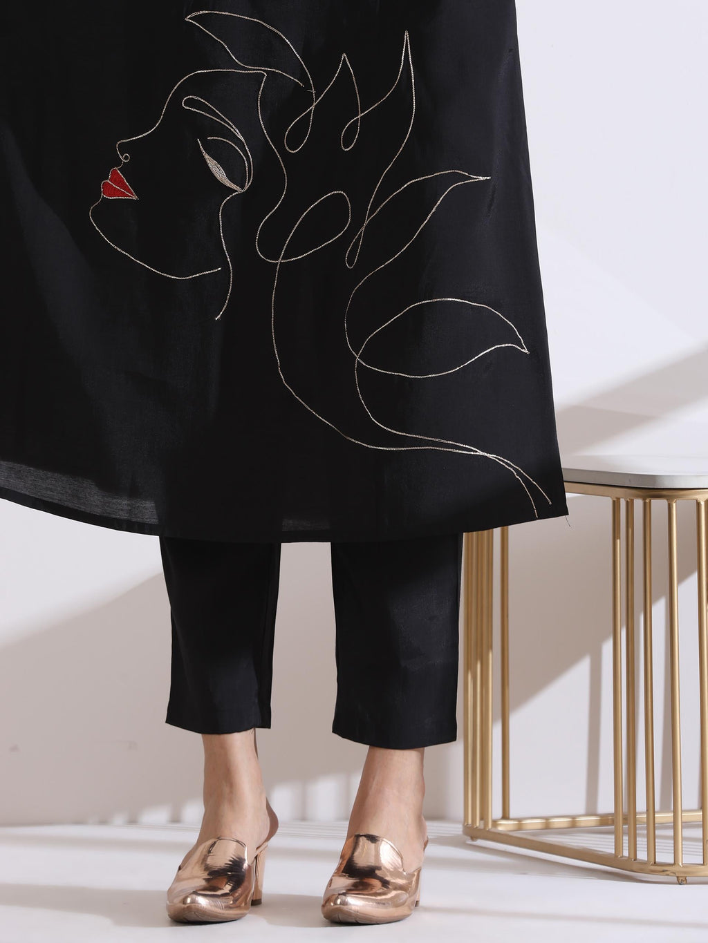 Women's Black Kurta with Girl Embroidery and Pants 2 Piece Set | A-Line, V Neck, 3/4 Sleeves, Work Wear, (AirSkin Cotton Silk Blend)