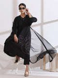 Women's Black Kurta with Girl Embroidery and Pants 2 Piece Set | A-Line, V Neck, 3/4 Sleeves, Work Wear, (AirSkin Cotton Silk Blend)