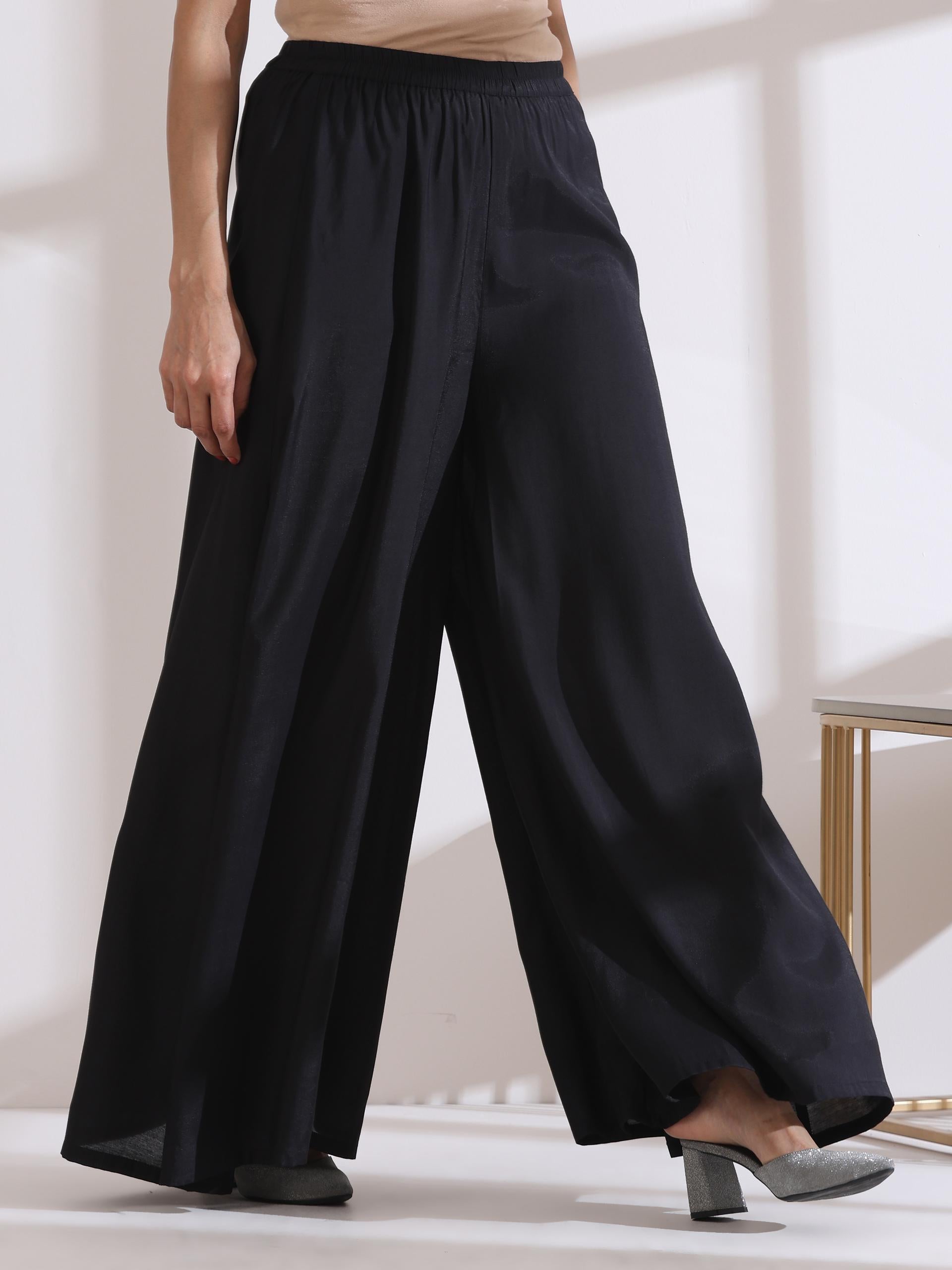 Women's Black Long Opening Kurta with Multi Beads and Black Palazzo 2 Piece Set | A-Line, Round Neck, 3/4 Sleeves, Partywear, Casual (AirSkin Cotton Silk Blend)