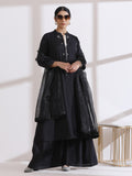 Women's Black Long Opening Kurta with Multi Beads and Black Palazzo 2 Piece Set | A-Line, Round Neck, 3/4 Sleeves, Partywear, Casual (AirSkin Cotton Silk Blend)