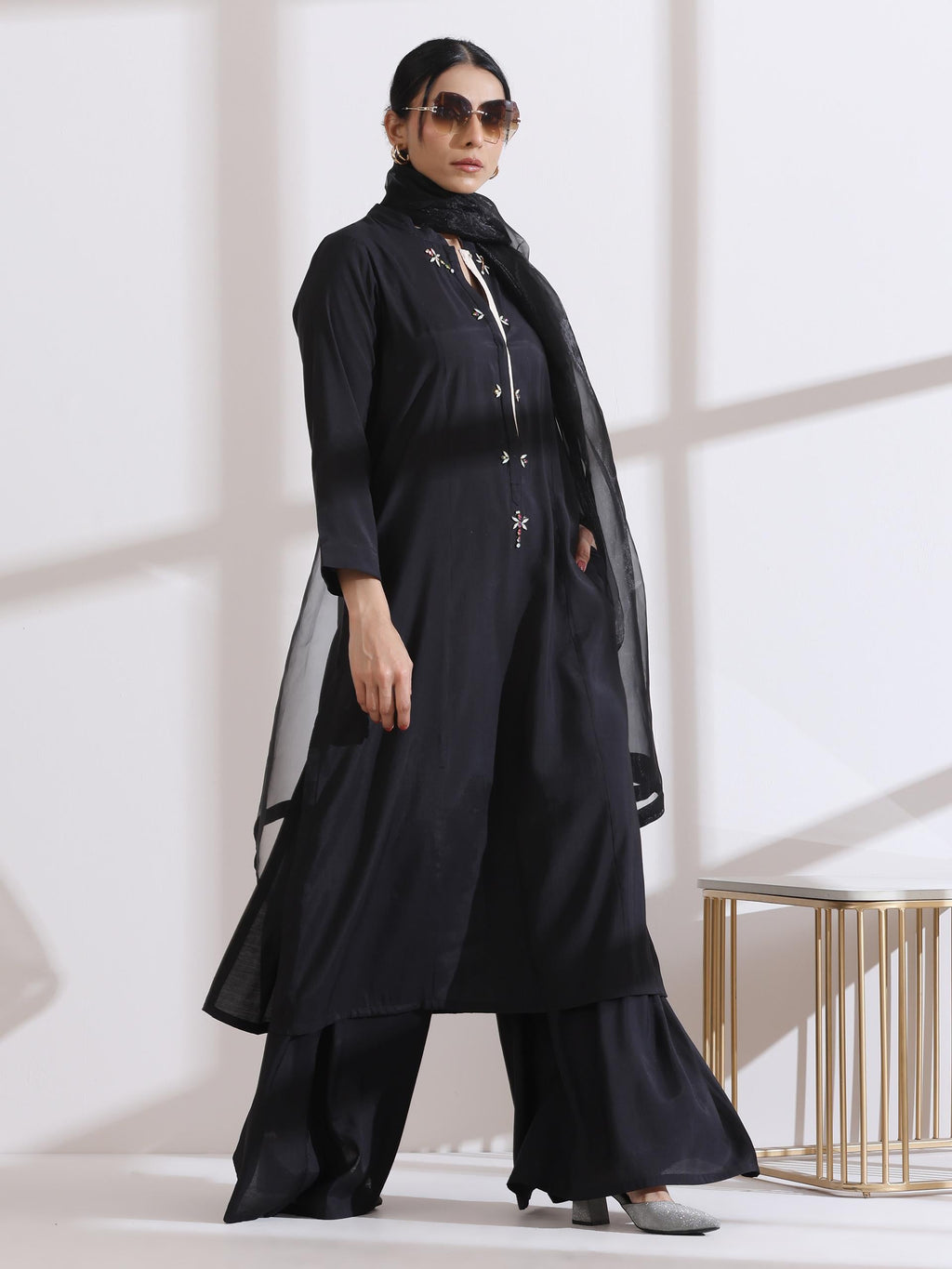 Women's Black Long Opening Kurta with Multi Beads and Black Palazzo 2 Piece Set | A-Line, Round Neck, 3/4 Sleeves, Partywear, Casual (AirSkin Cotton Silk Blend)