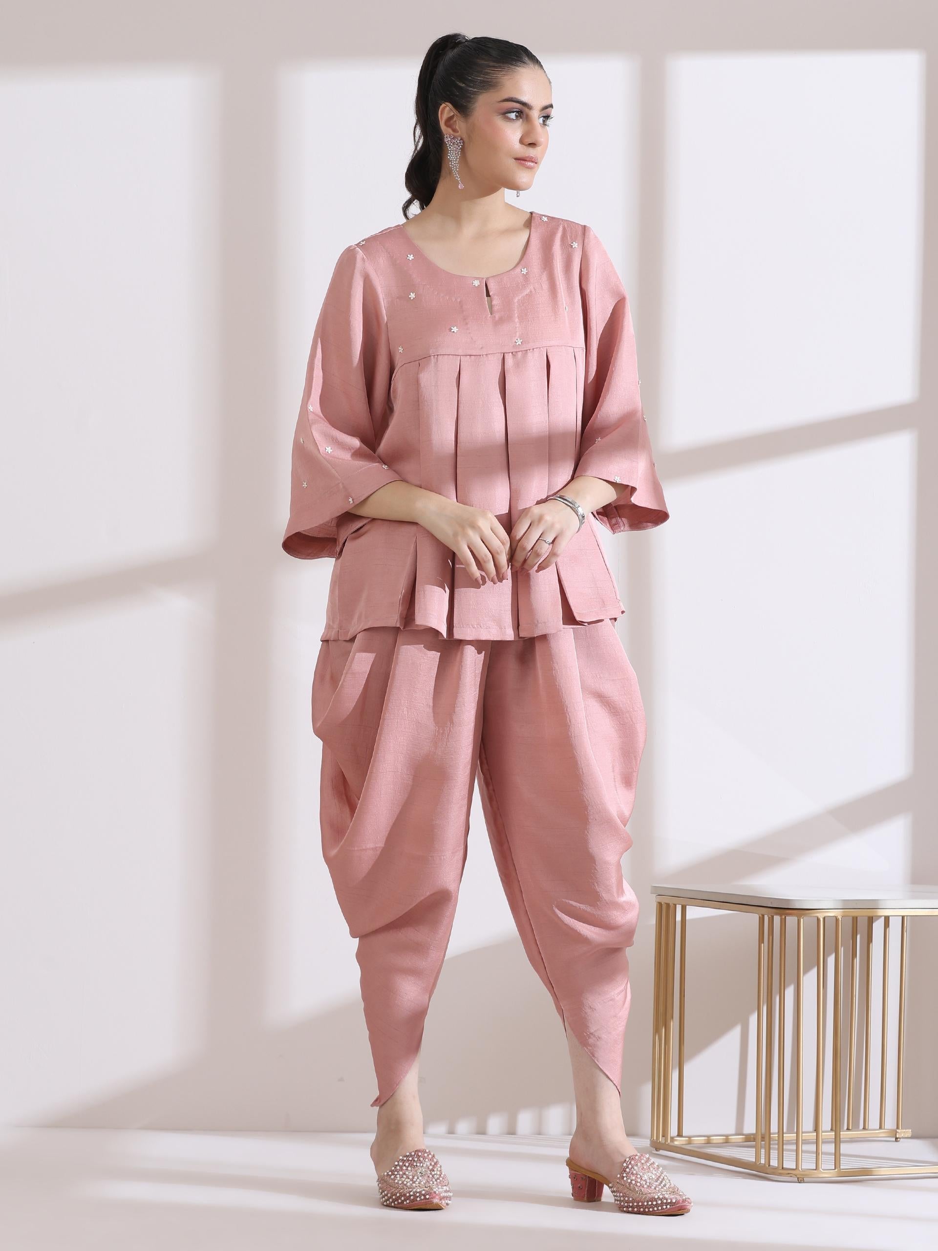 Women's Pleated Pink Peplum Top with Beads and Dhoti Pants 2 Piece Set | Peplum, Round Neck, 3/4 Sleeves, Festive Wear, Partywear (Lux Fabric)