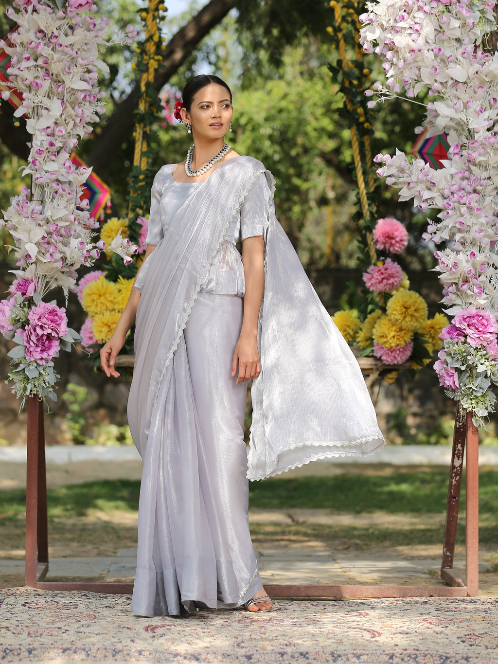 Silver Ice Saree with Lace
