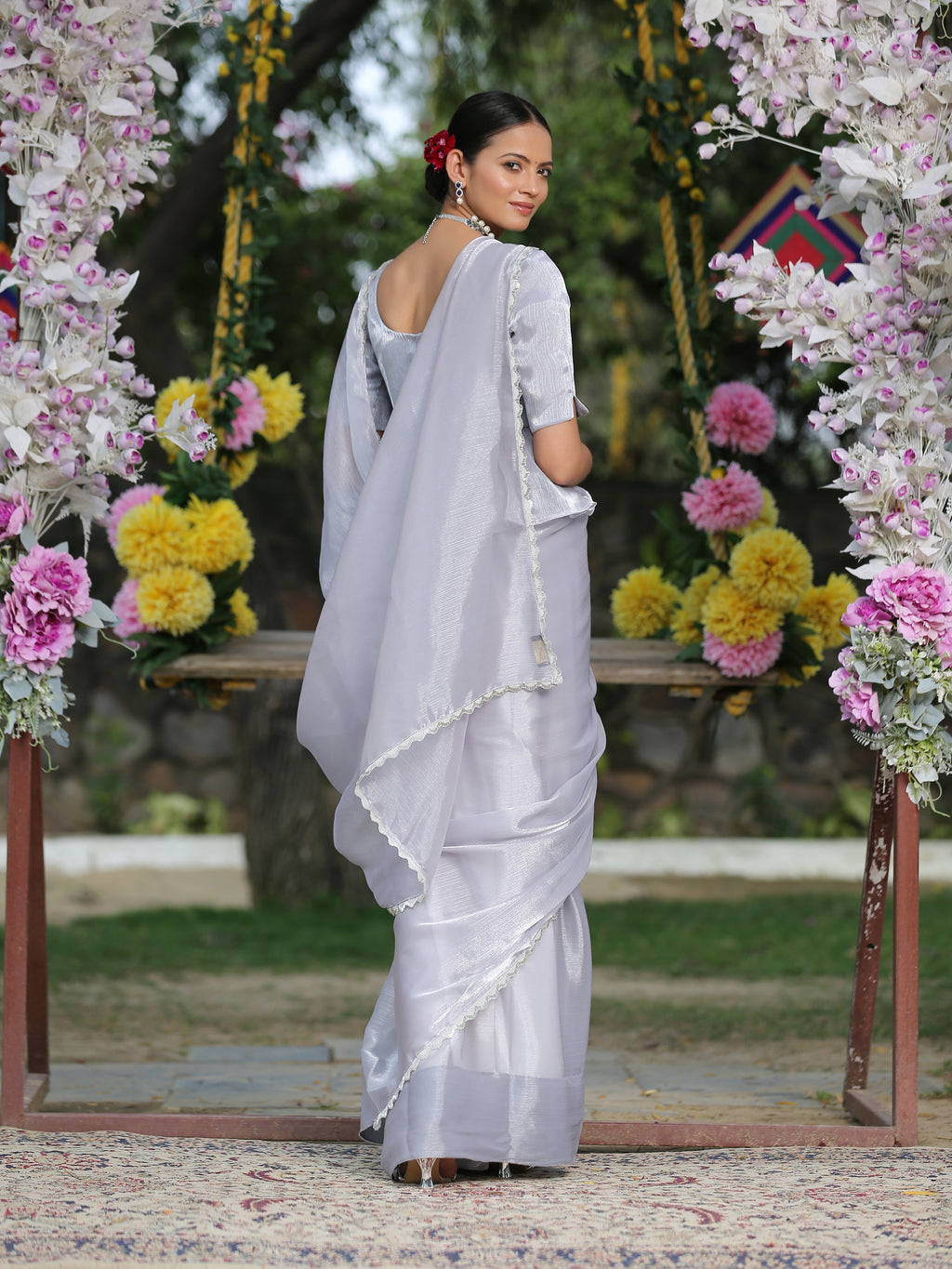 Silver Ice Saree with Lace