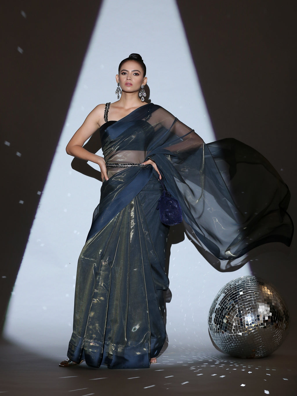 SET | Cosmic Blue Illusion Organza Saree + Black blouse with glass straps + Glass belt