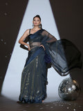 SET | Cosmic Blue Illusion Organza Saree + Black blouse with glass straps + Glass belt
