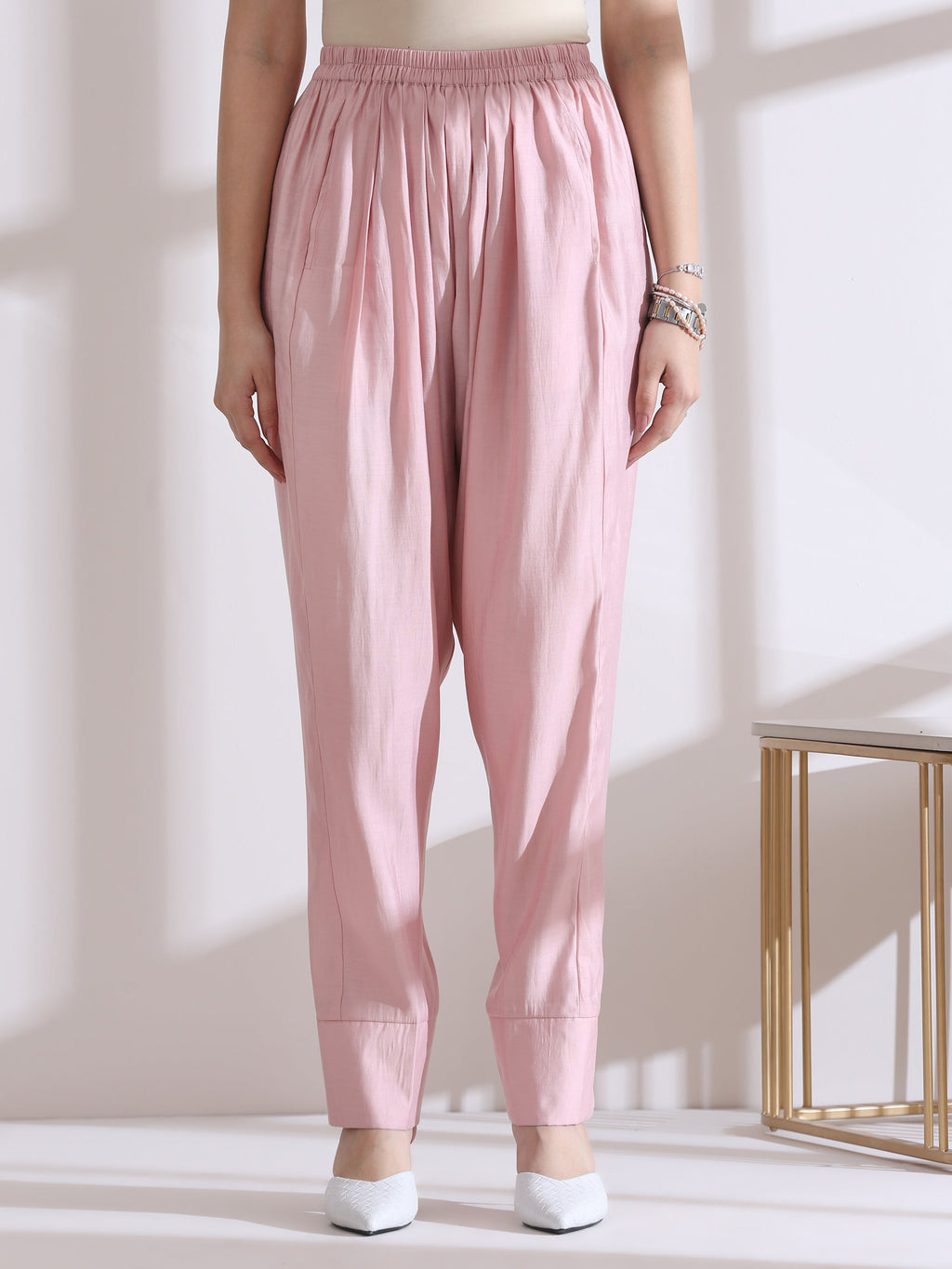 Women's Pink Kurta with White Flowers and Pants 2 Piece Set | A-Line, Round Neck, 3/4 Sleeves, Casual Wear, (AirSkin Cotton Silk Blend)