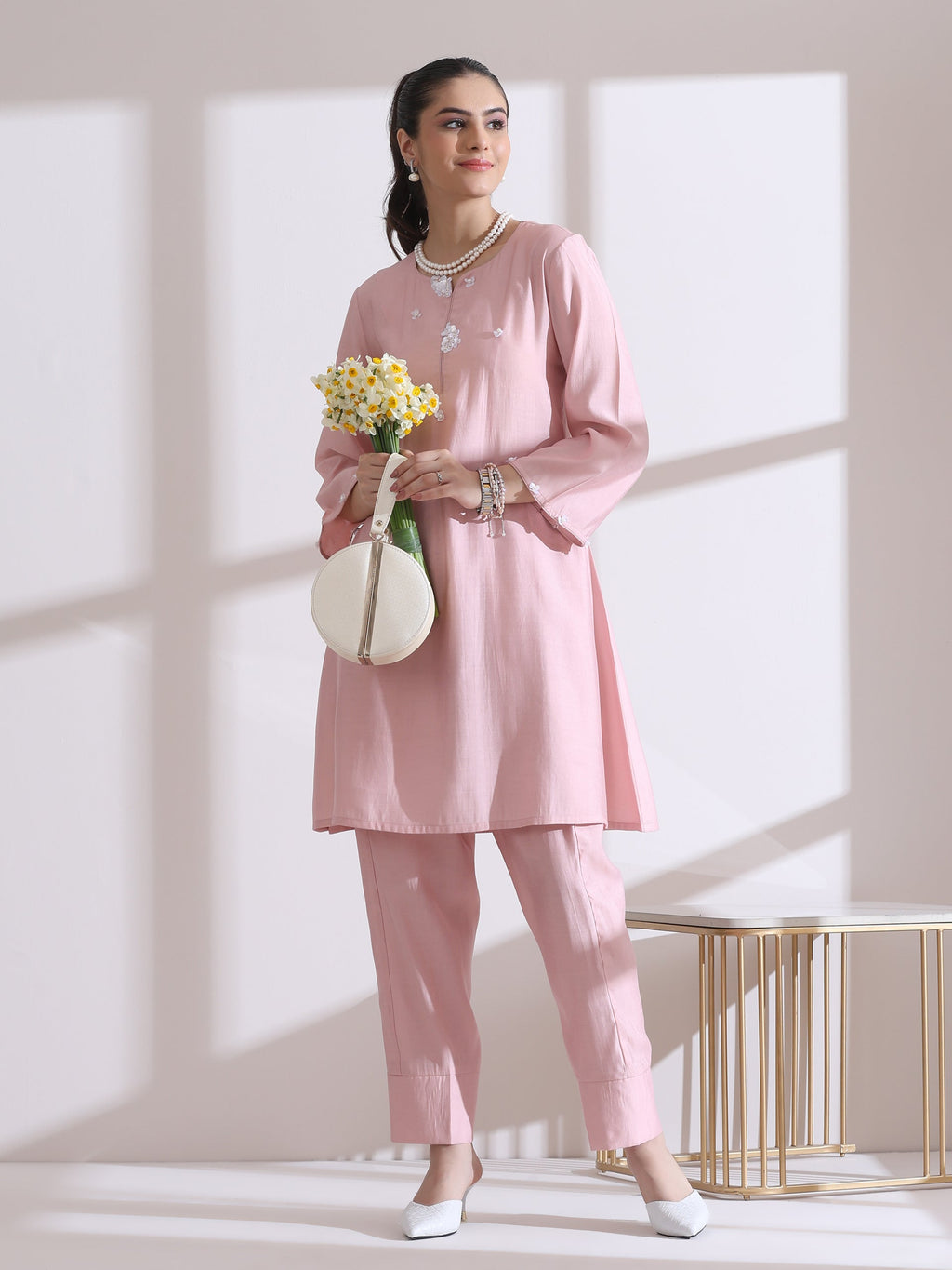 Women's Pink Kurta with White Flowers and Pants 2 Piece Set | A-Line, Round Neck, 3/4 Sleeves, Casual Wear, (AirSkin Cotton Silk Blend)