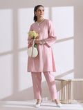 Women's Pink Kurta with White Flowers and Pants 2 Piece Set | A-Line, Round Neck, 3/4 Sleeves, Casual Wear, (AirSkin Cotton Silk Blend)