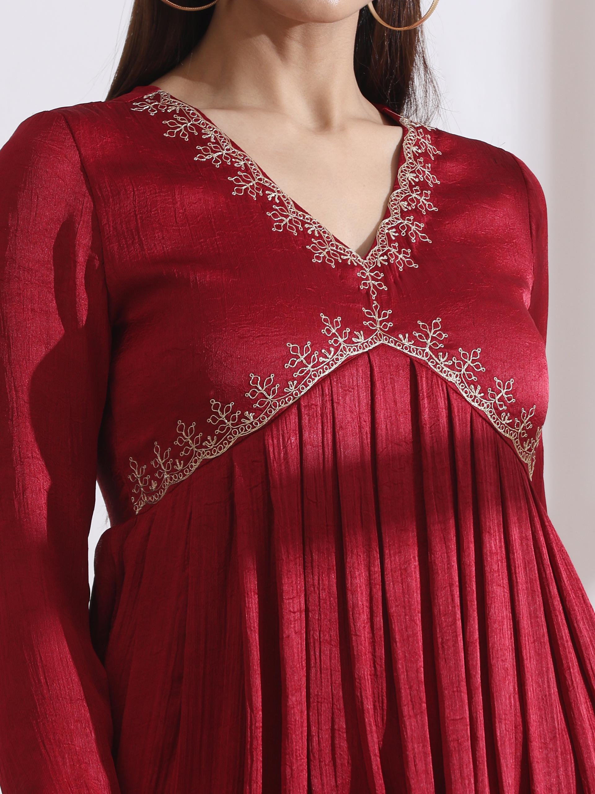 Women's Dual Shade Maroon Butter Chiffon Anarkali Kurta with Matching Pants and Embroidered Dupatta 3 Piece Set | Anarkali, V Neck, Full Sleeves, Festive Wear, (Butter Chiffon)