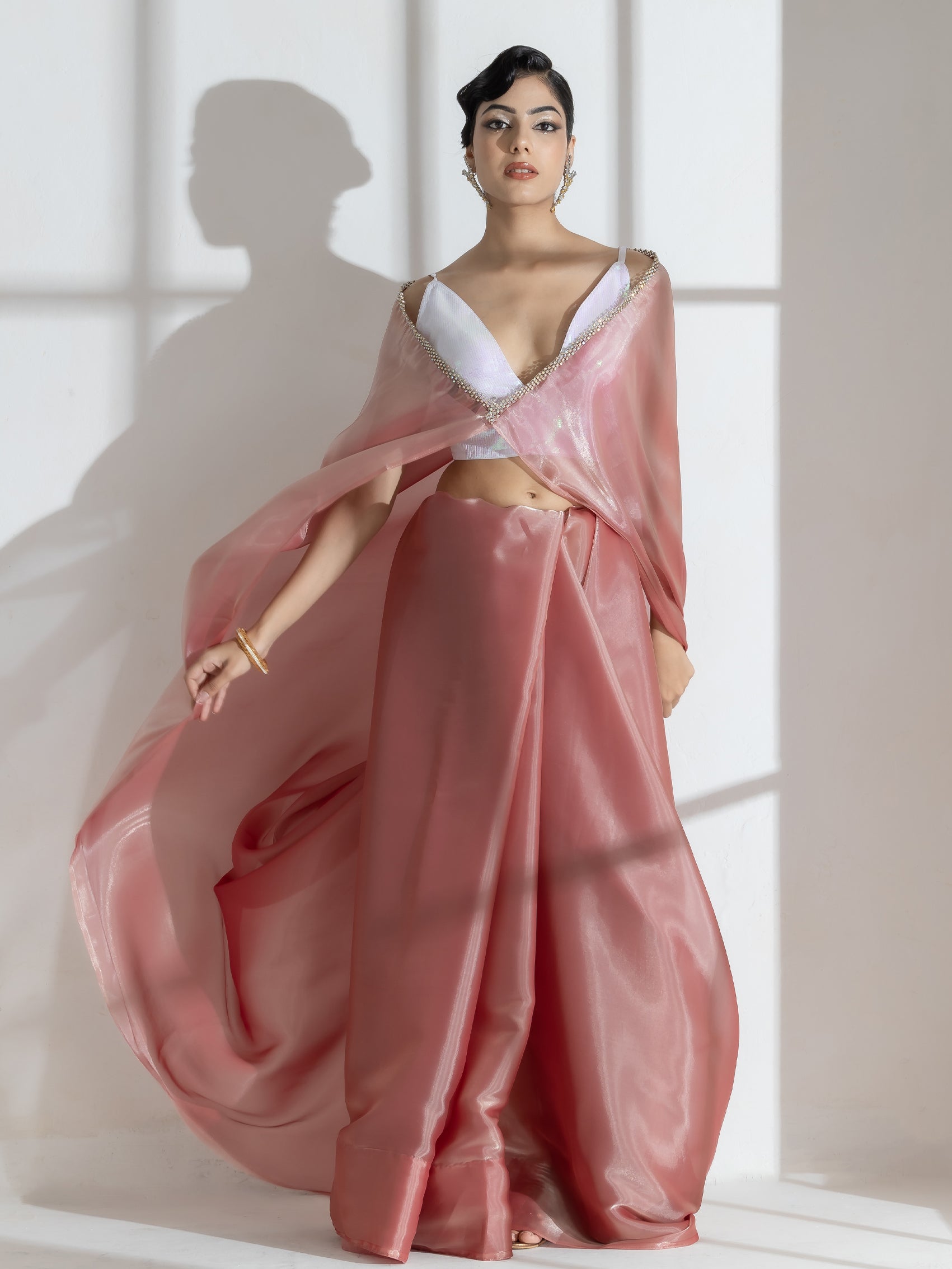 Mettalic Bloom Organza Satin Saree  with Diamond Studs and Self Blouse Fabric
